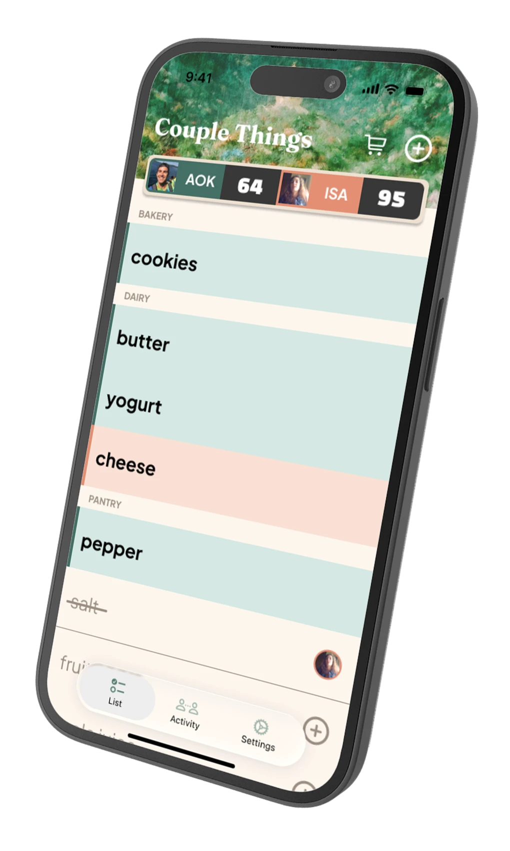 Couple Things app showing a shared grocery list with scores for each partner